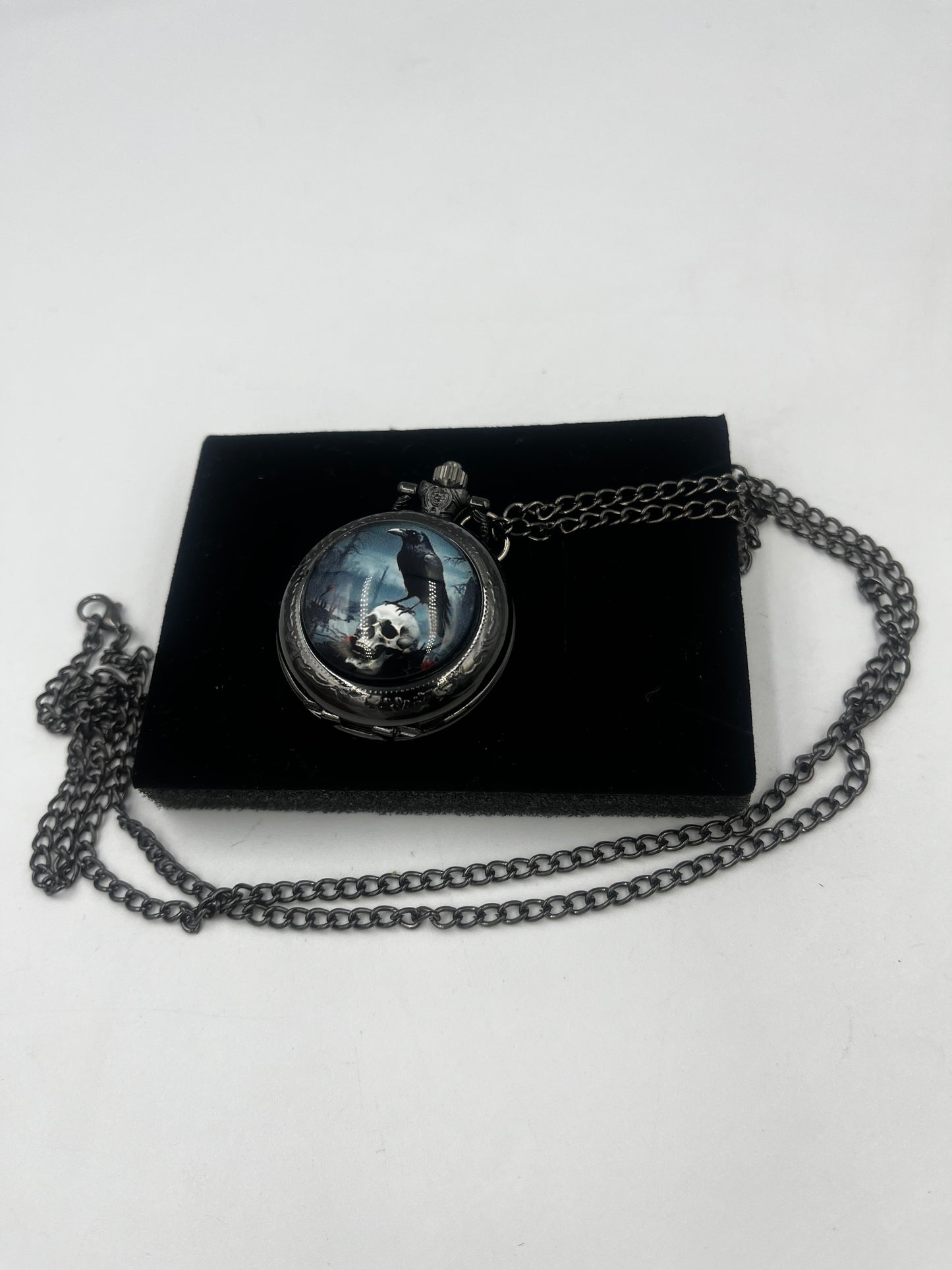 Goth inspired quartz pocket watch with Crow