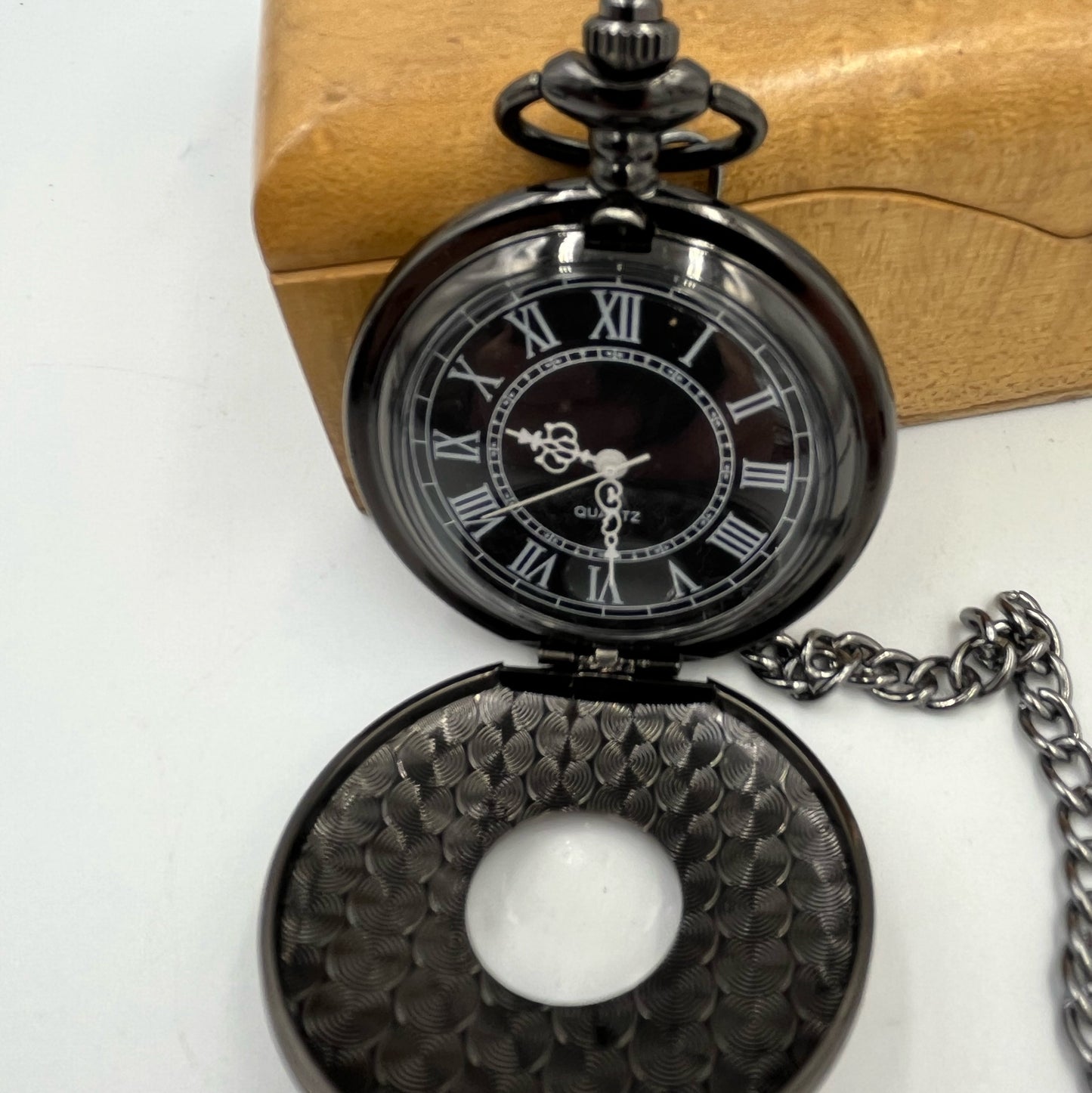 Black Roman Numeral Pocket Watch with Chain