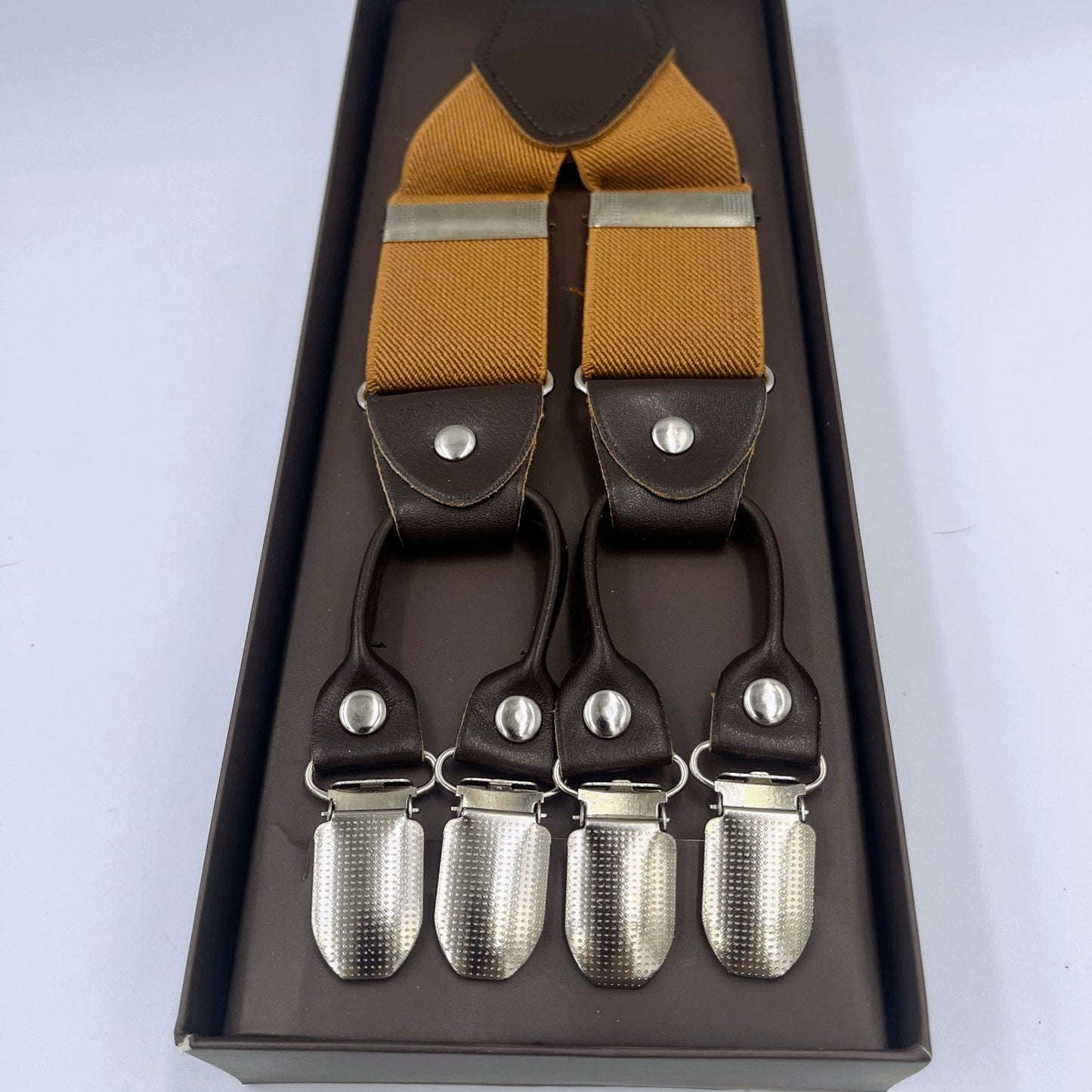 Steampunk Men’s Heavy Duty Suspenders, Premium Quality Light Gold Brown. Six Clips