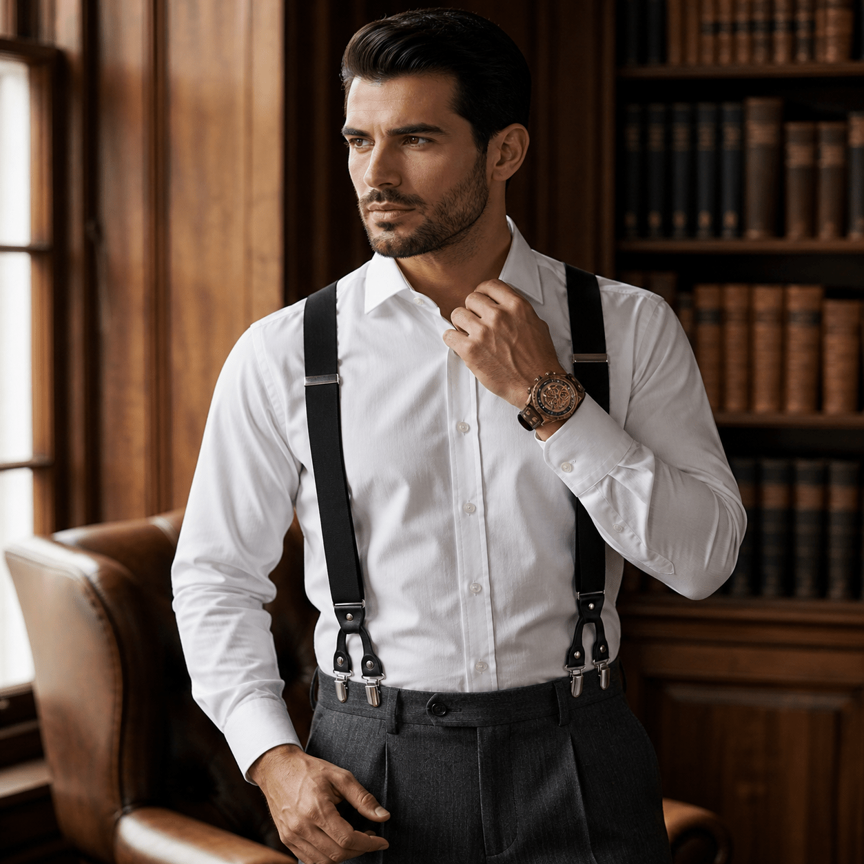 Black Premium Mens Classical Suspenders. Heavy Duty. 6 clips
