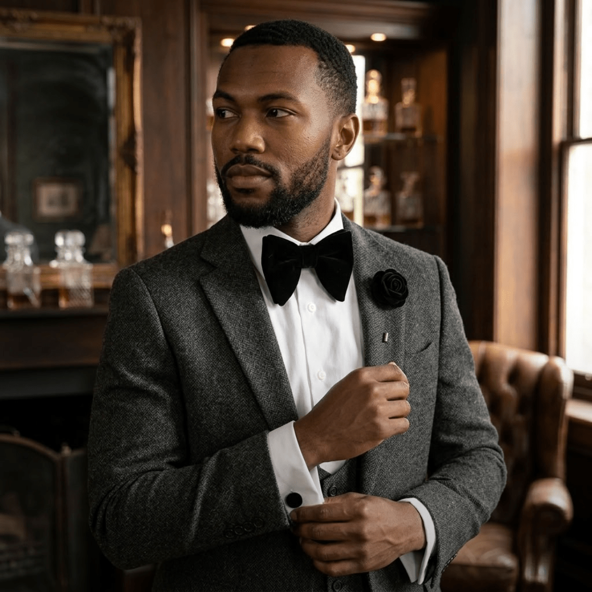 Man wearing a black velvet bowtie with a white shirt and grey suit