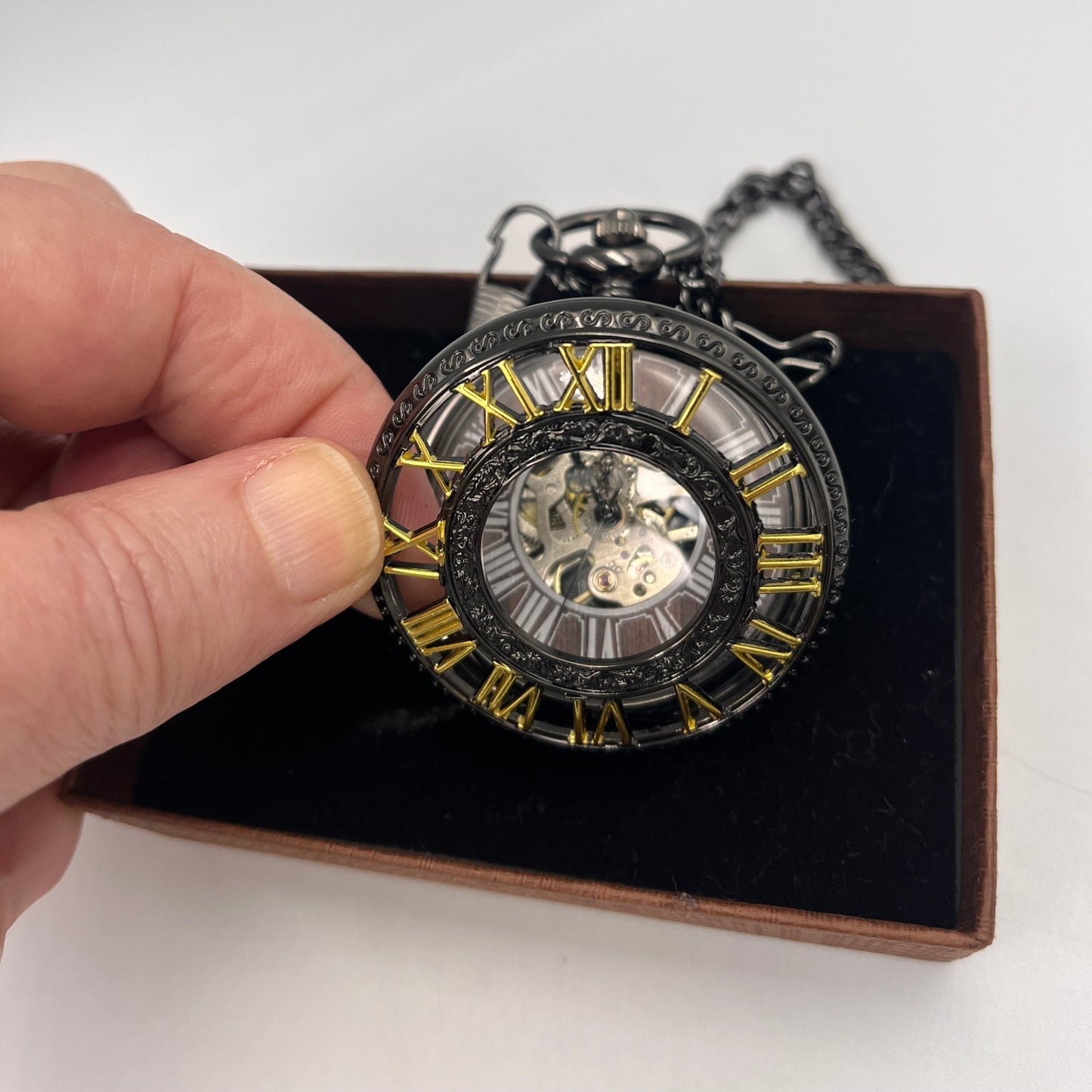 Mens Premium Black & gold Mechanical Skeleton Pocket Watch, Visual Movement