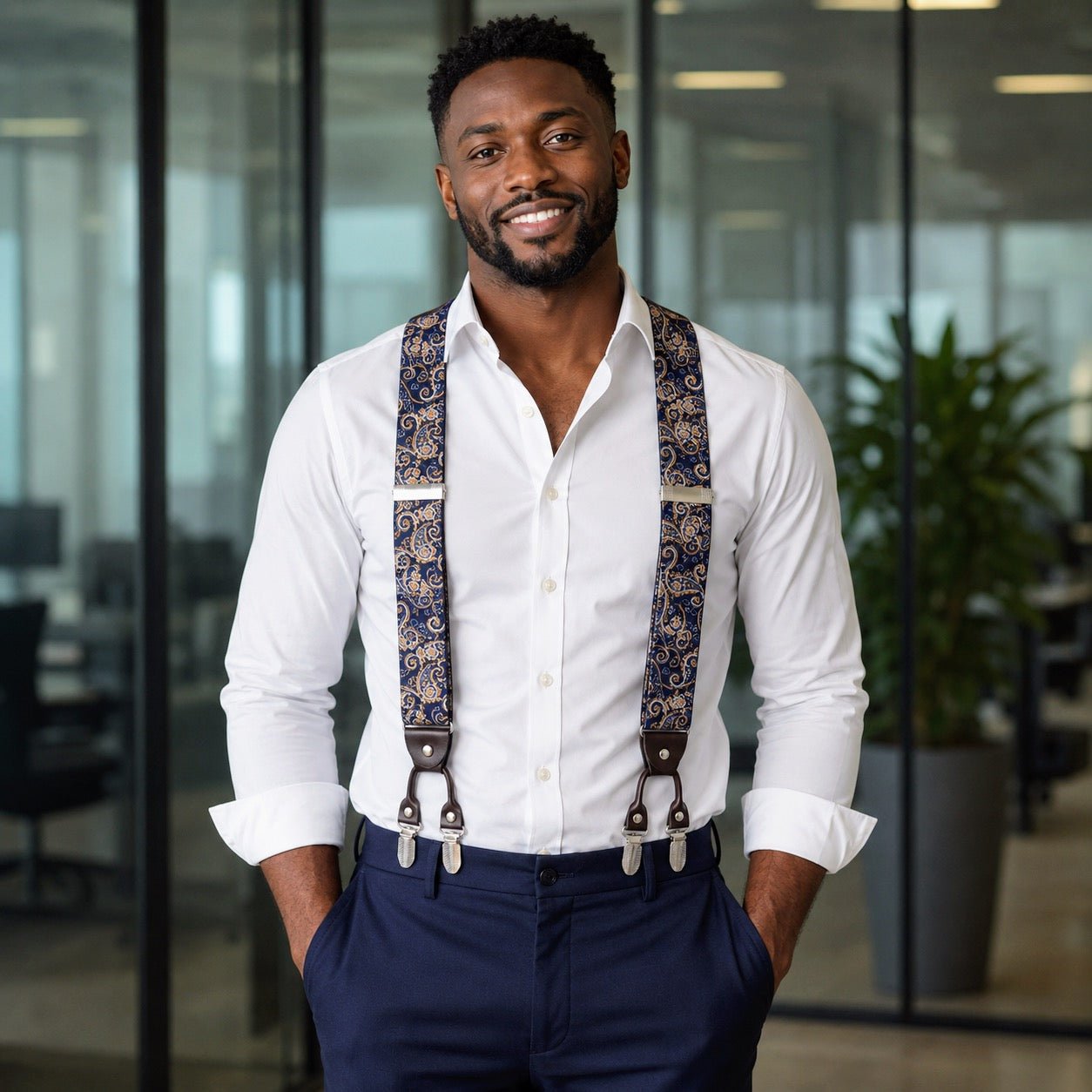 Mens premium heavy duty suspenders with six clips. Unique gift item
and formal wear accessory for weddings and events.