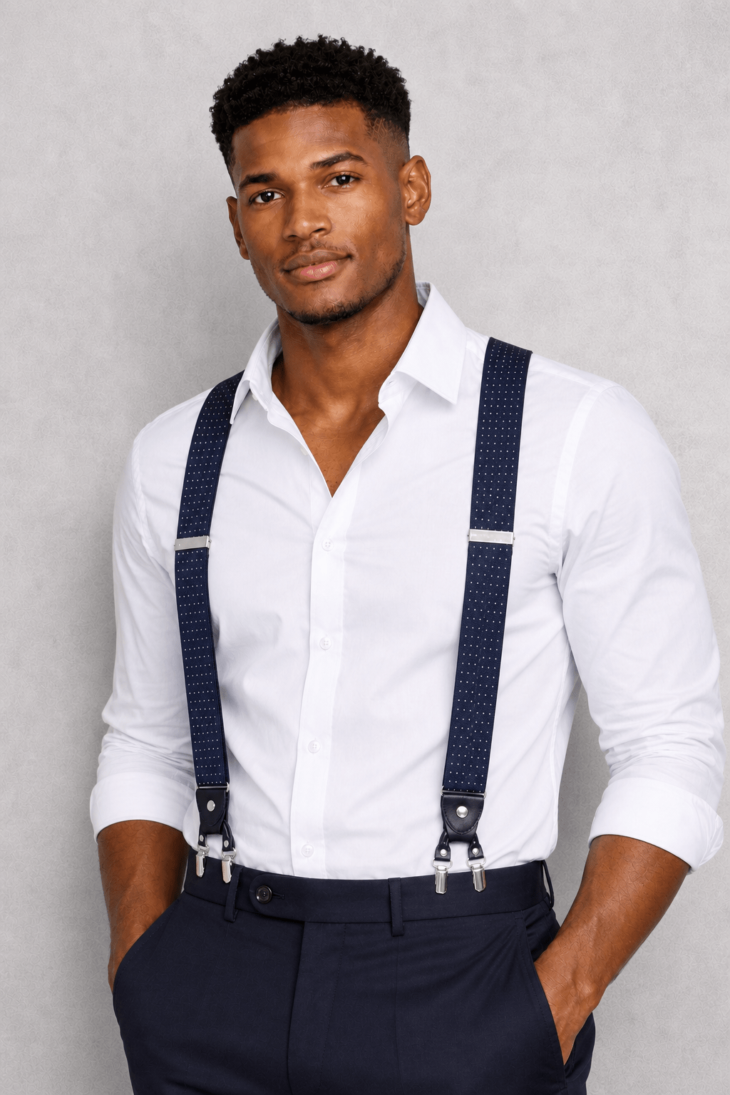 Mens premium heavy duty suspenders, navy blue & white pin dots six clips.