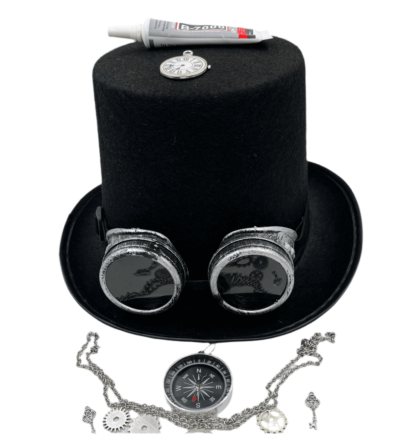 Steampunk Tophat, Compass, Stainless Steel Chain,Goggles,gears Combo DiY Kit, Silver - Steampunkgearsa