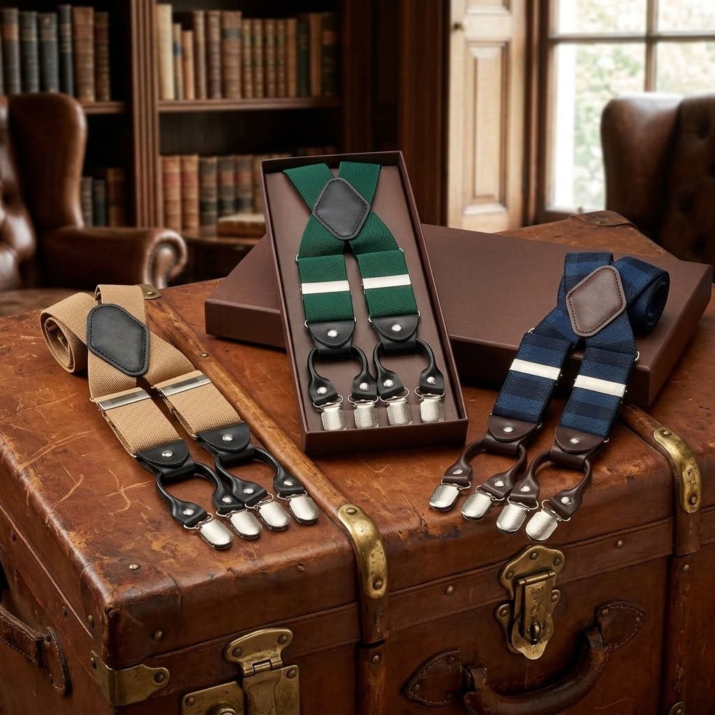 Khaki, green and navy clip-on suspenders displayed on a vintage leather trunk.