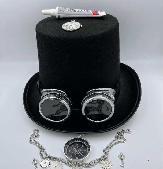 Steampunk Tophat, Compass, Stainless Steel Chain,Goggles,gears Combo DiY Kit, Silver - Steampunkgearsa
