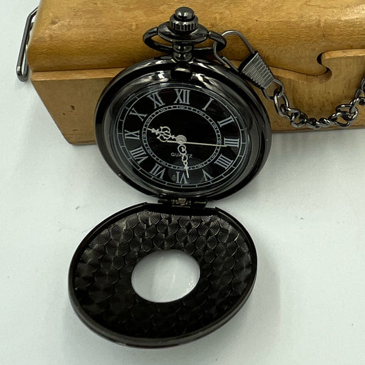 Black Roman Numeral Pocket Watch with Chain