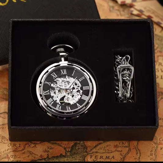 Luxury Steampunk Mechanical antique skeleton Pocket Watch with movement mechanism, silver & black Hand-winding Relogio De Bolso