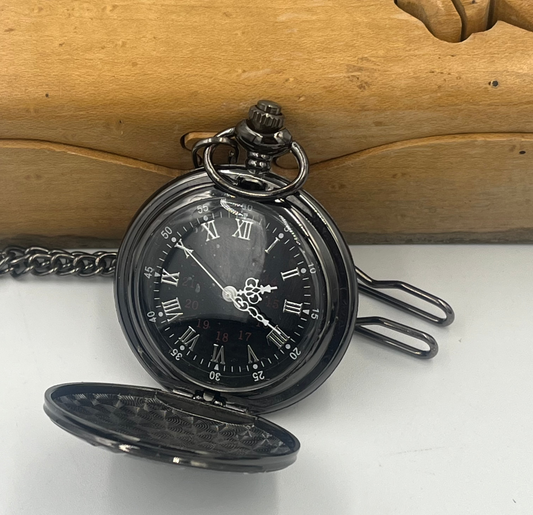 Steampunk Shiny  Black Vintage Pocket Quartz Watch with Roman numerals