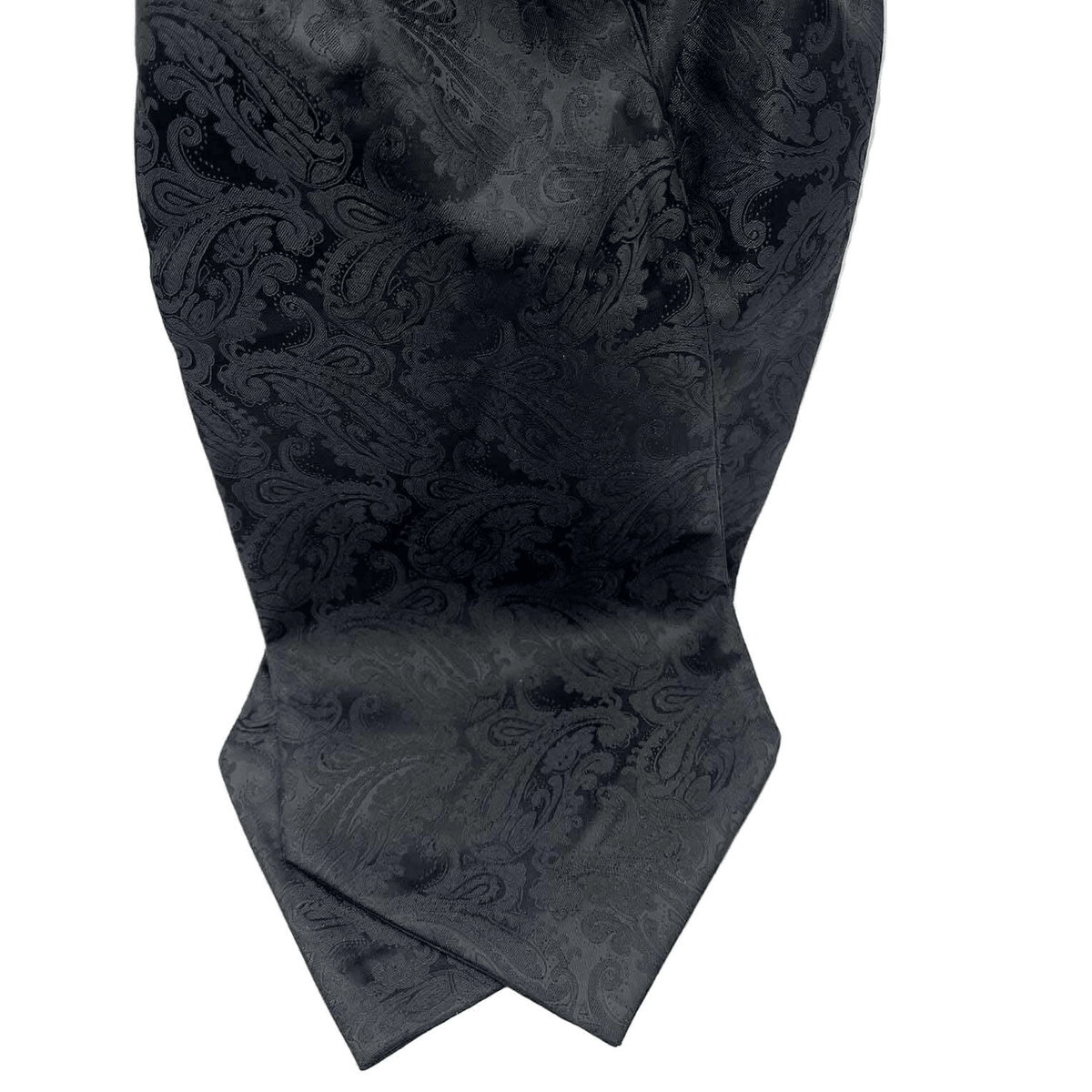 A dark black silk cravat with an intricate paisley pattern, folded to show its texture and sheen against a plain white background- Steampunkgearsa