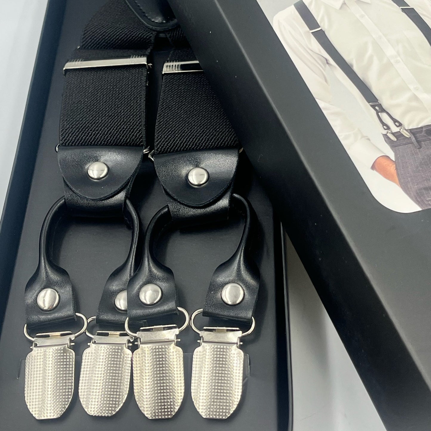 Premium mens black Heavy duty suspenders for formal wear, 6 clips