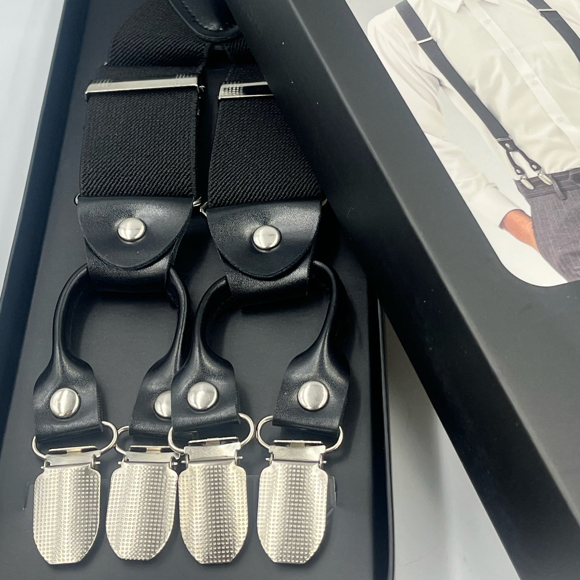 Premium mens black Heavy duty suspenders for formal wear, 6 clips