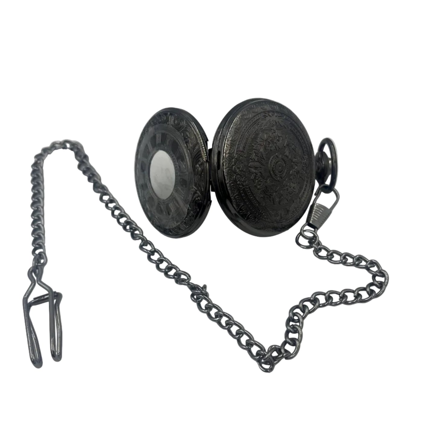 Black Roman Numeral Goth Style Pocket Watch with Chain