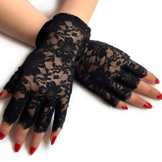 Short black lace fingerless gloves for ladies for Steampunk or Goth theme
