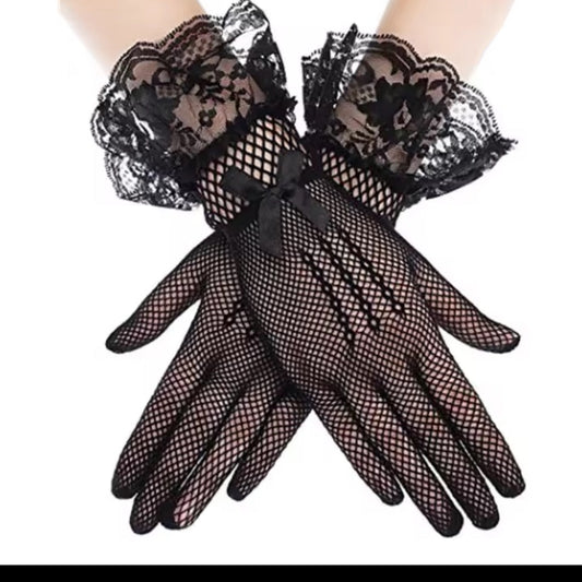 Ladies Victorian Fishnet and Lace  Black Short Gloves