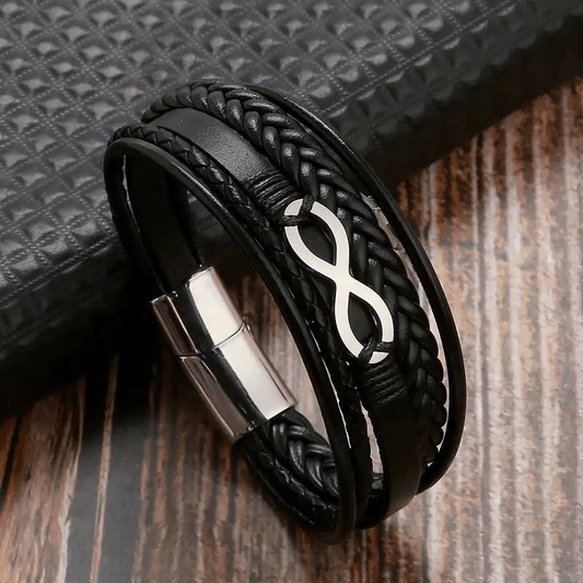 Leather Black And Silver Infinity Bracelet - Steampunkgearsa