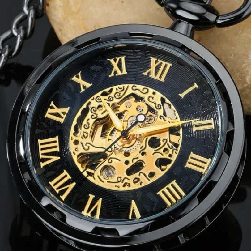 Luxury Gold & Black Mechanical Pocket Watch | Skeleton Movement