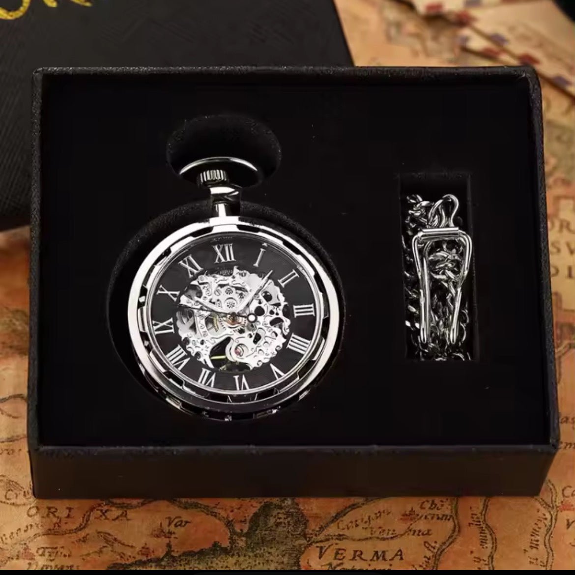Luxury silver and black men's mechanical pocket watch, collectors item.