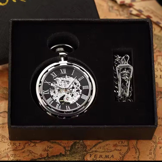 Luxury Steampunk Mechanical antique skeleton Pocket Watch with movement mechanism, silver & black Hand-winding Relogio De Bolso