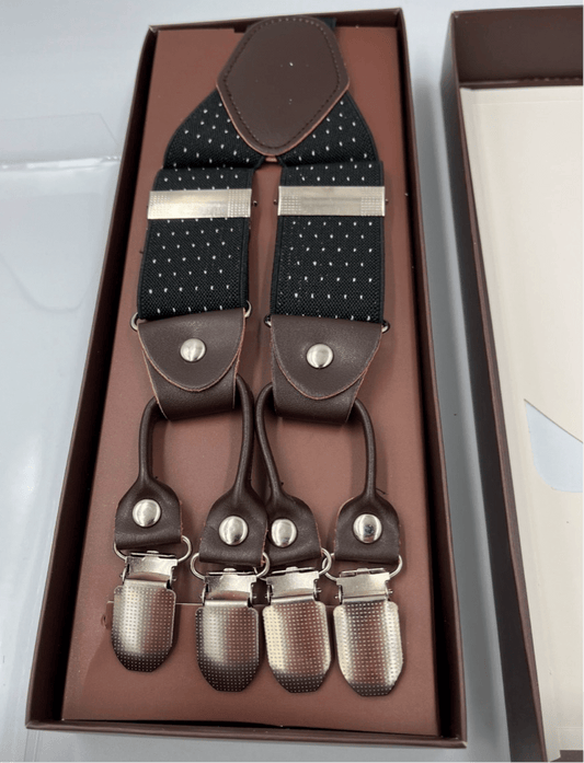 Mens Heavy Duty Suspenders, Premium Quality Black With White Pin Dots. - Steampunkgearsa