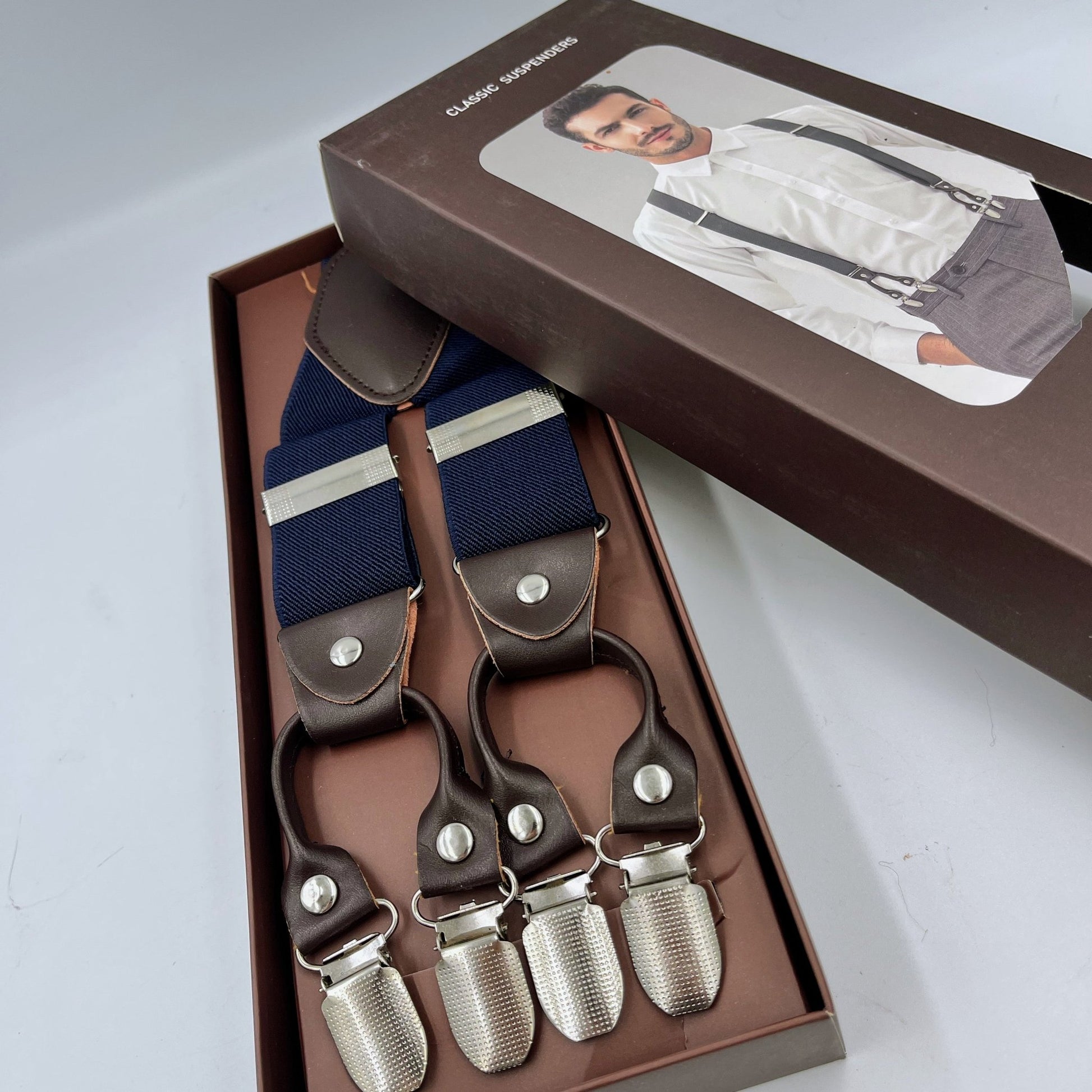 Navy blue premium heavy duty suspenders for formal wear and events
