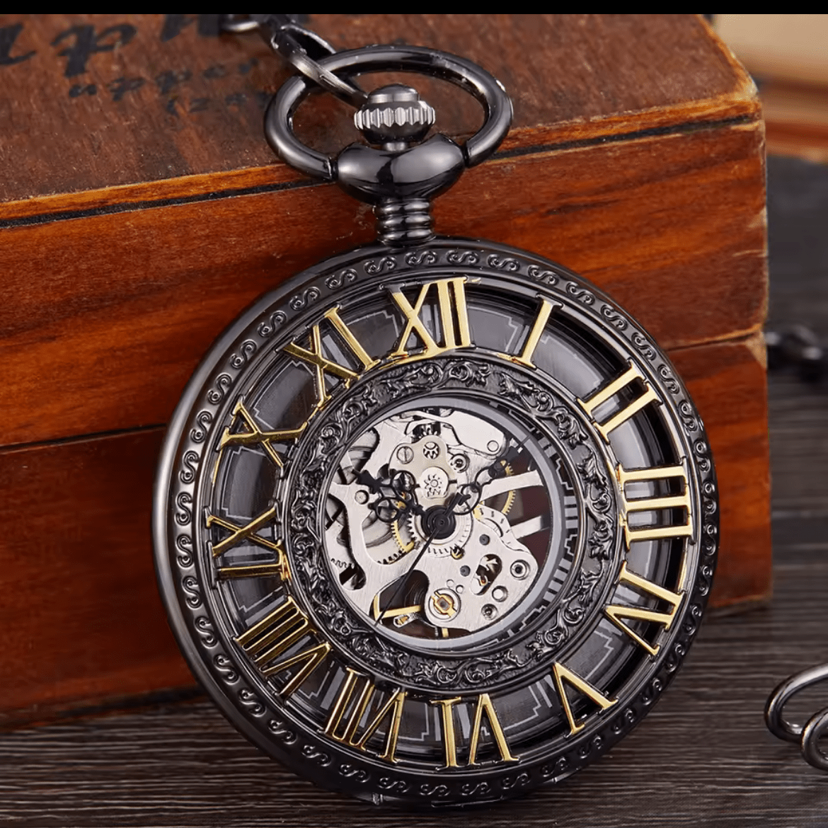 Mens Premium Black & gold Mechanical Skeleton Pocket Watch, Visual Movement