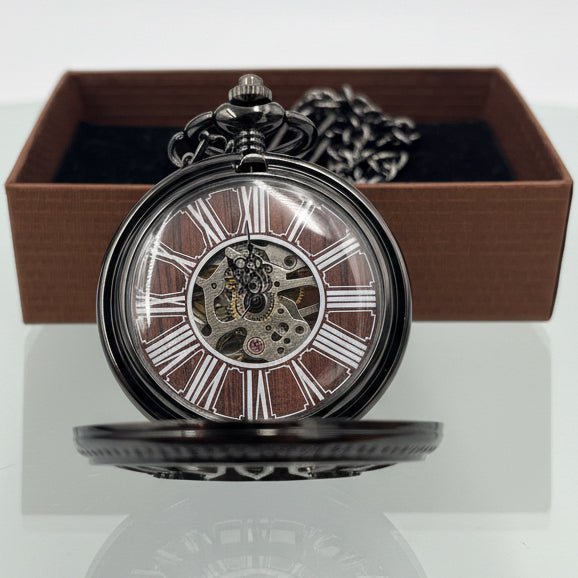 Mens Premium Black & gold Mechanical Skeleton Pocket Watch, Visual Movement