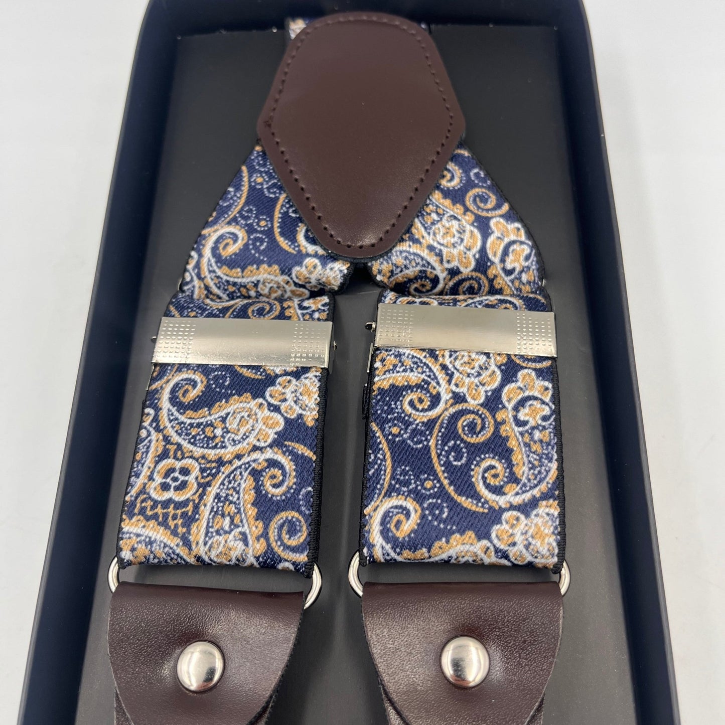 Mens Premium Heavy Duty Suspenders-6 Clips-blue gold Paisley pattern