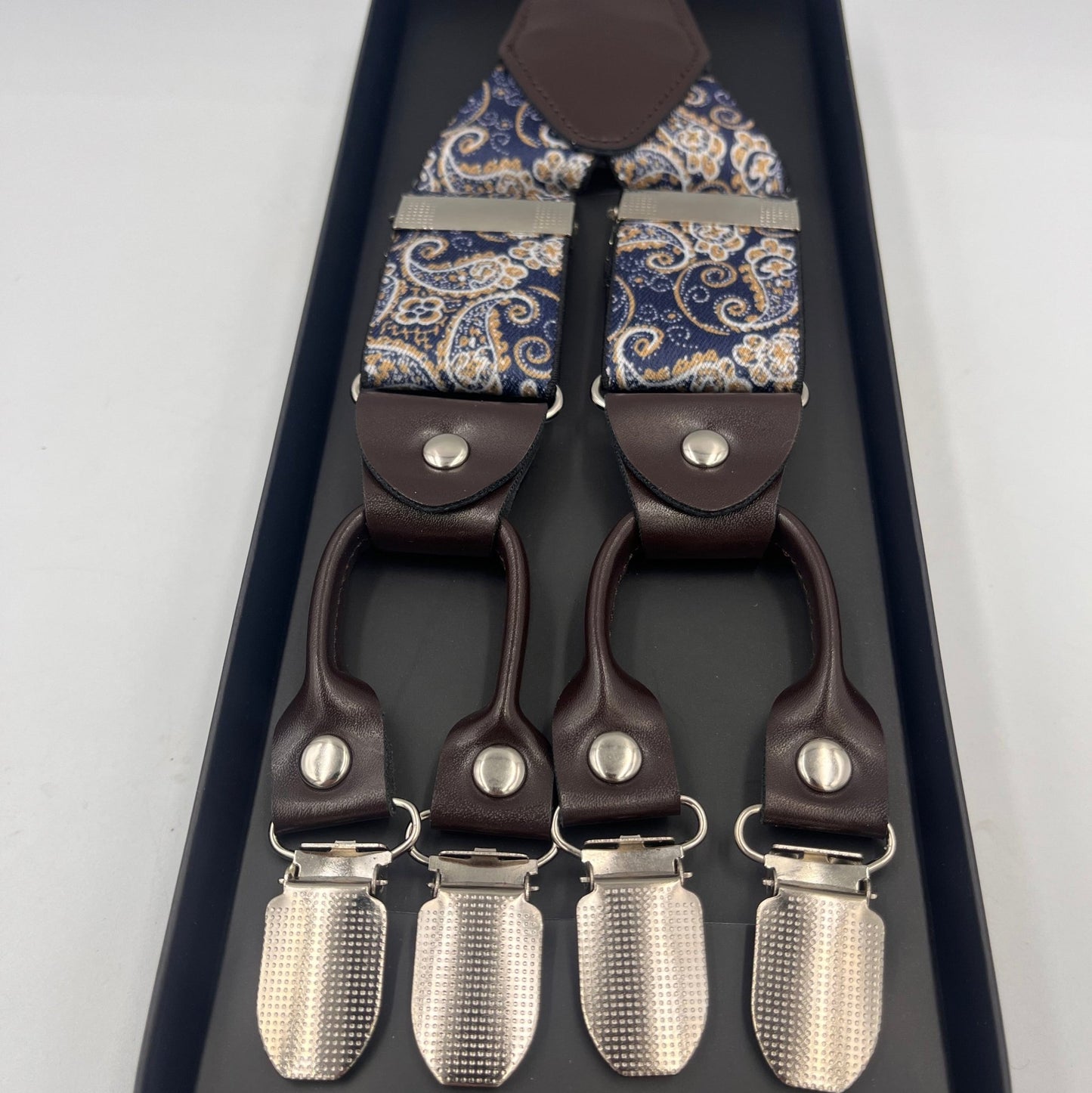 Mens Premium Heavy Duty Suspenders-6 Clips-blue gold Paisley pattern