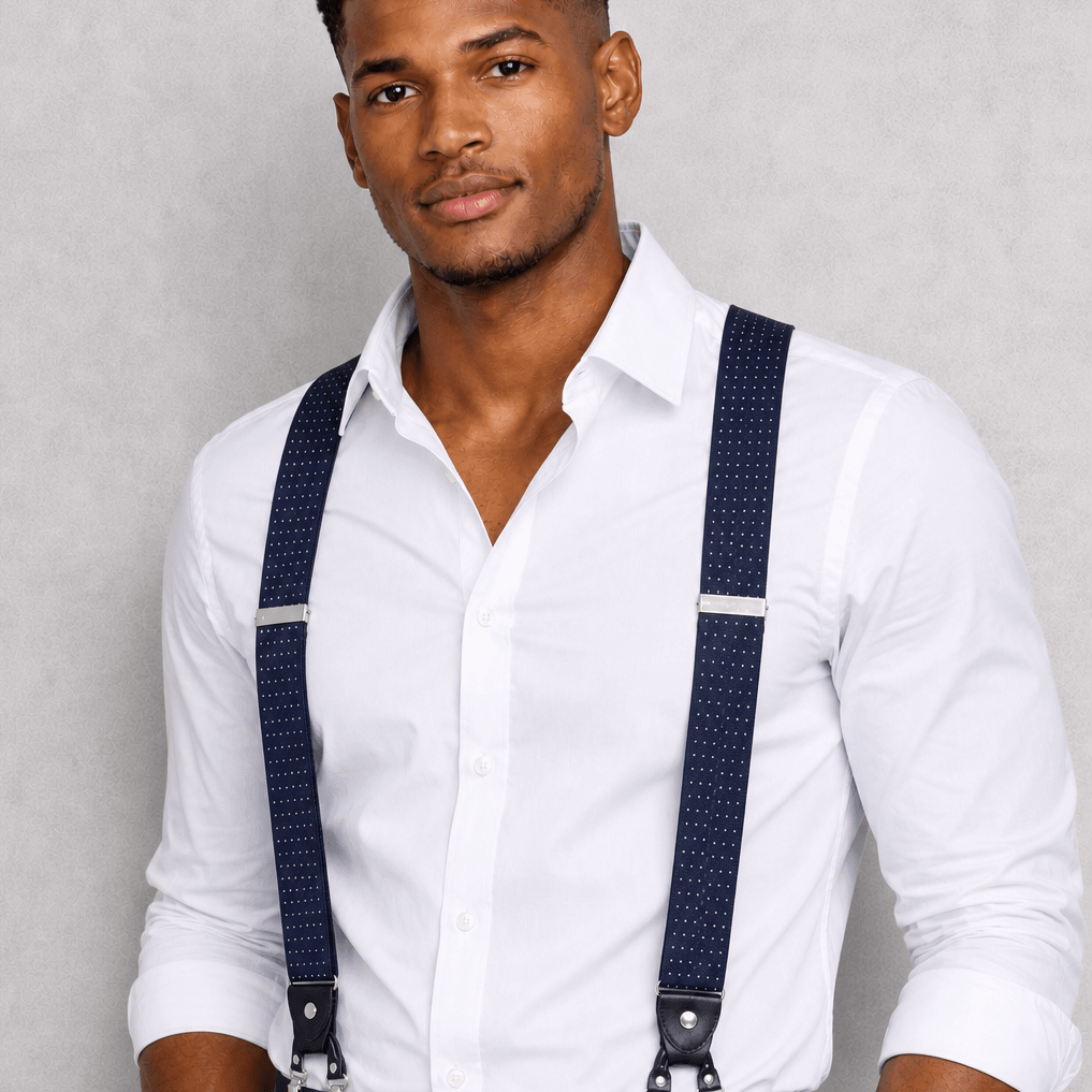 Mens premium navy blue with white pindots heavy duty suspenders