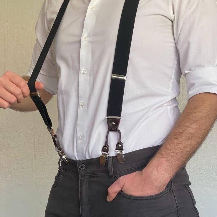 Mens Premium Solid Black Classical  Suspenders. Heavy Duty.