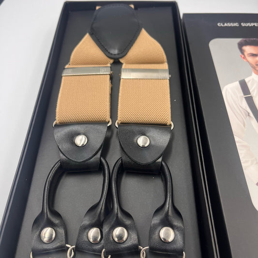 Premium Heavy duty Khaki Mens classical suspenders, adjustable 6 clip braces