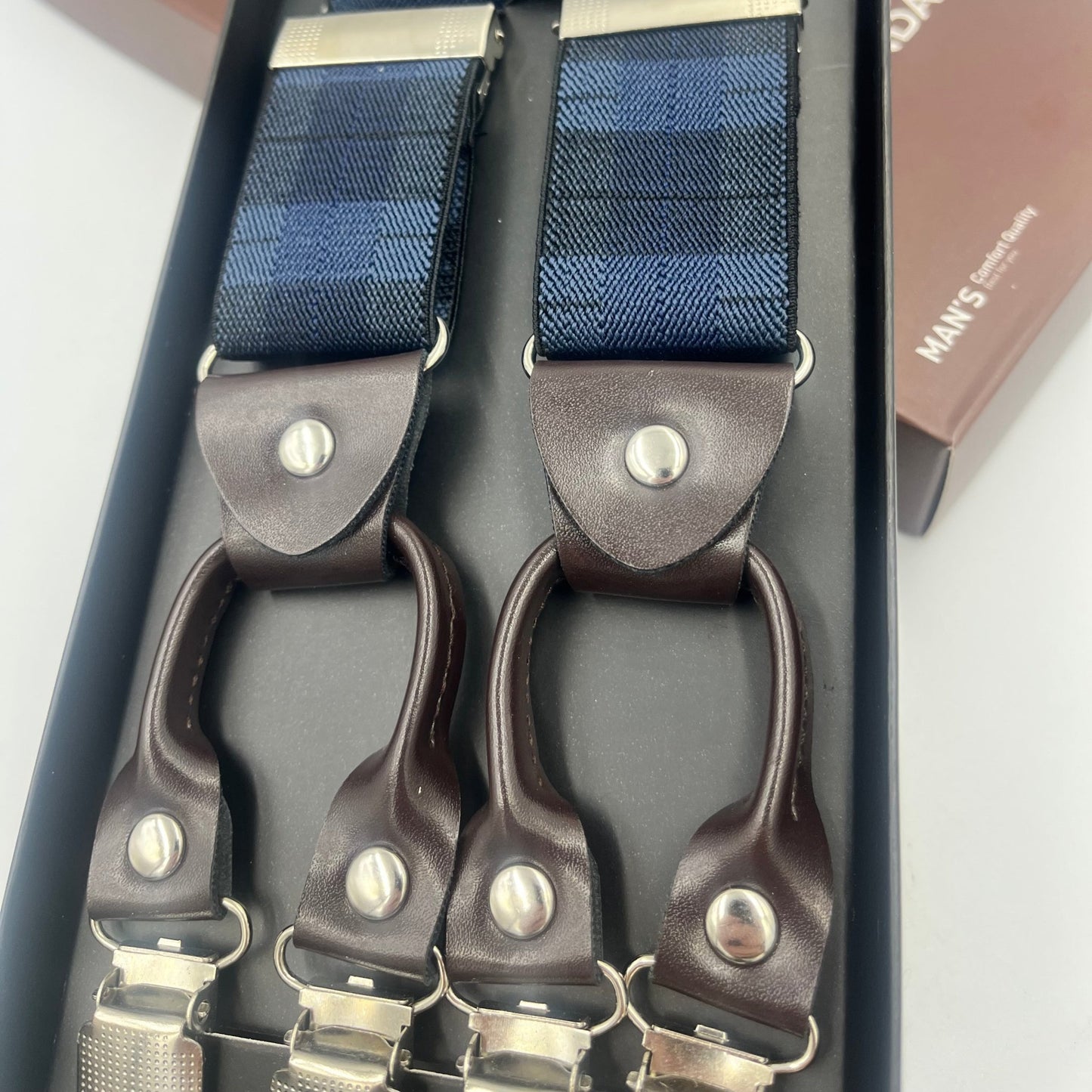 heavy duty suspenders in a navy blue check- steampunk
