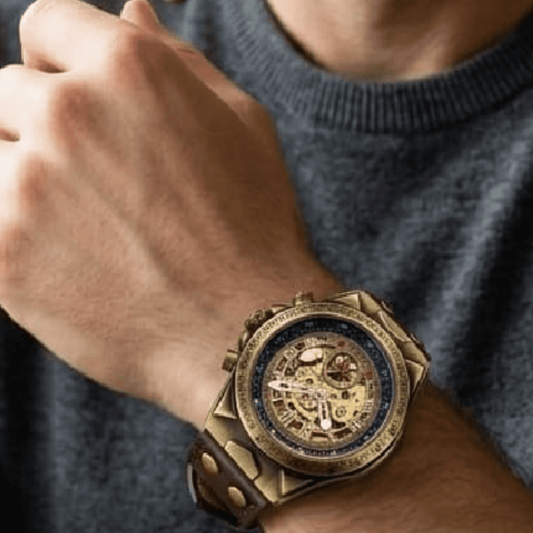 Premium Steampunk Mens wristwatch with  mechanical movement and genuine leather strap.