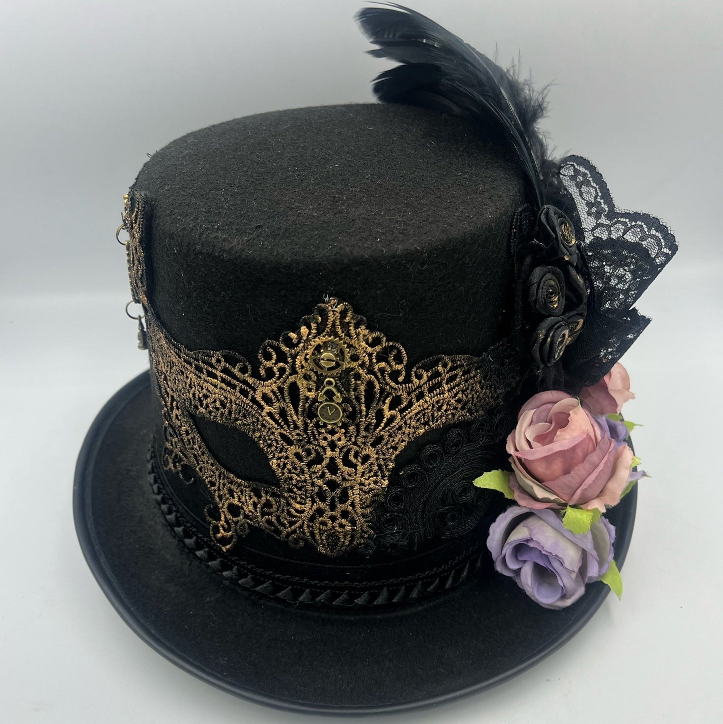 Elaborate Victorian Top hat with mask and mini roses- Steampunkgear