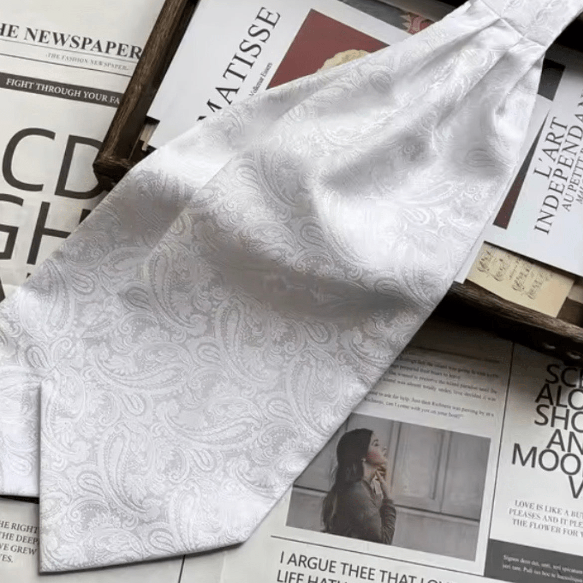 premium white paisley ascot tie for weddings and events--Steampunkgearsa