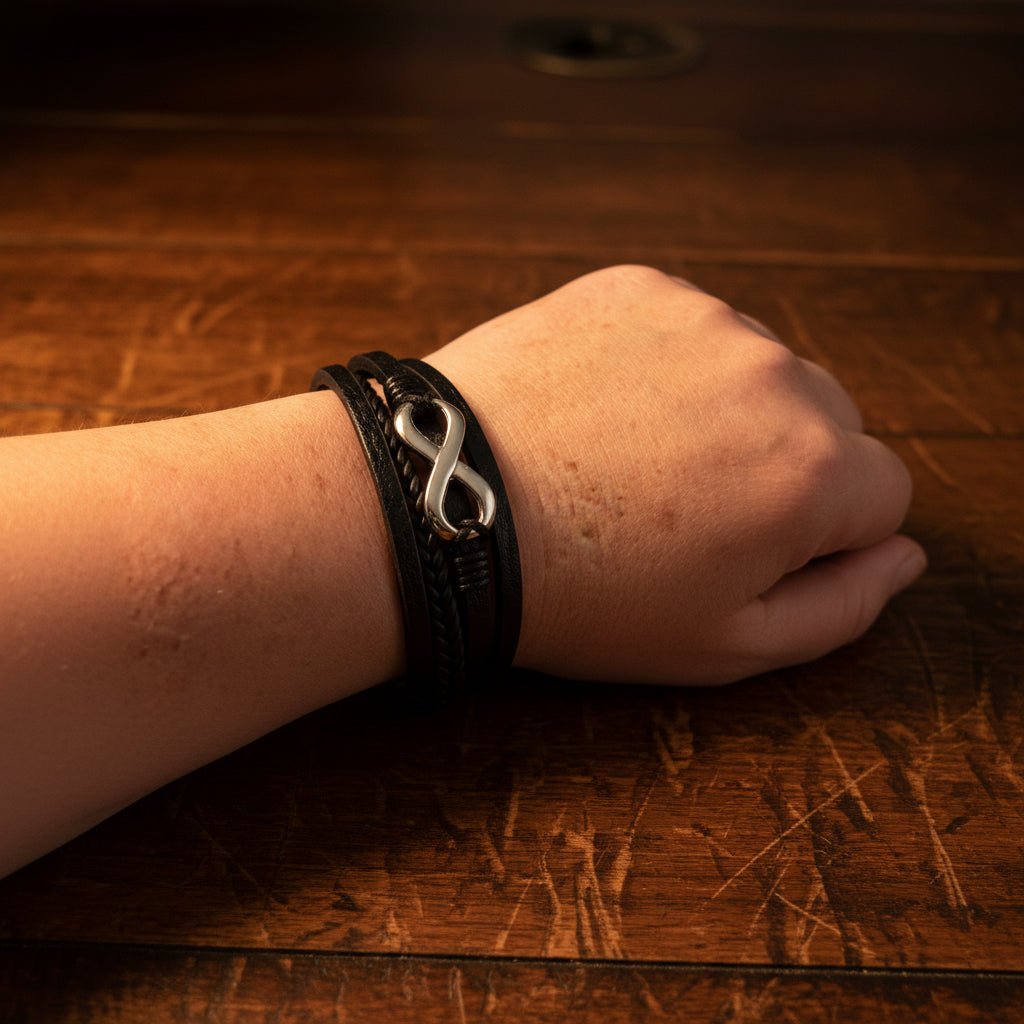 Punk Unisex Infinity sign Bracelet, genuine leather,  21cm wrist.