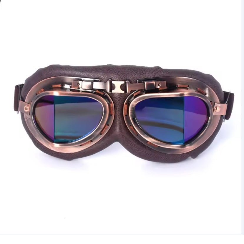Retro Aviator Motorbike Goggles with blue protective lenses-SteampunkgearSA