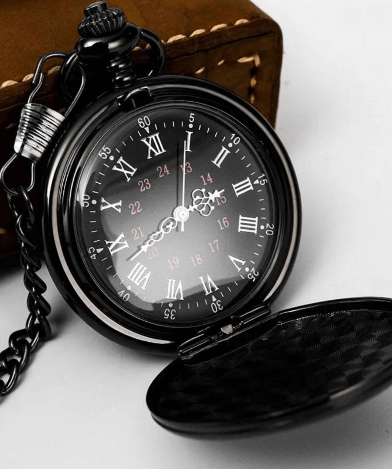 Shiny Black Pocket Watch With Roman Numerals - Steampunkgearsa