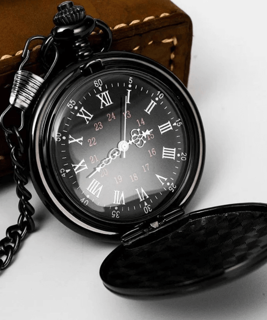 Shiny Black Pocket Watch With Roman Numerals - Steampunkgearsa