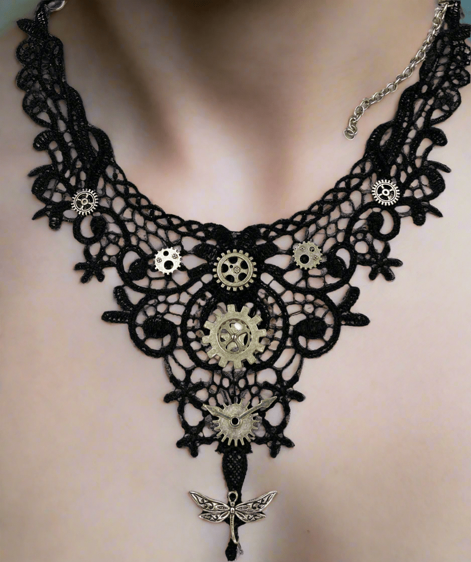 Steampunk Black Lace Choker With Silver Gears - Steampunkgearsa