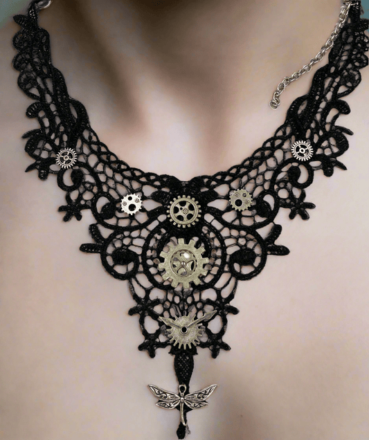 Steampunk Black Lace Choker With Silver Gears - Steampunkgearsa