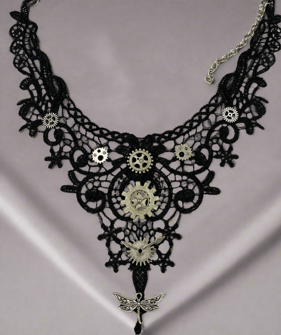 Steampunk Black Lace Choker With Silver Gears - Steampunkgearsa