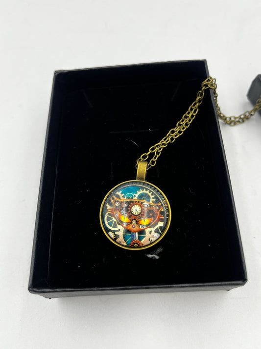 Steampunk Cat Glass Dome Pendant with chain