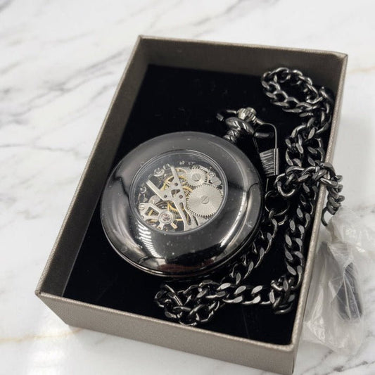 Steampunk Shiny Black  Mechanical Pocket Watch with visible time movement me hanism