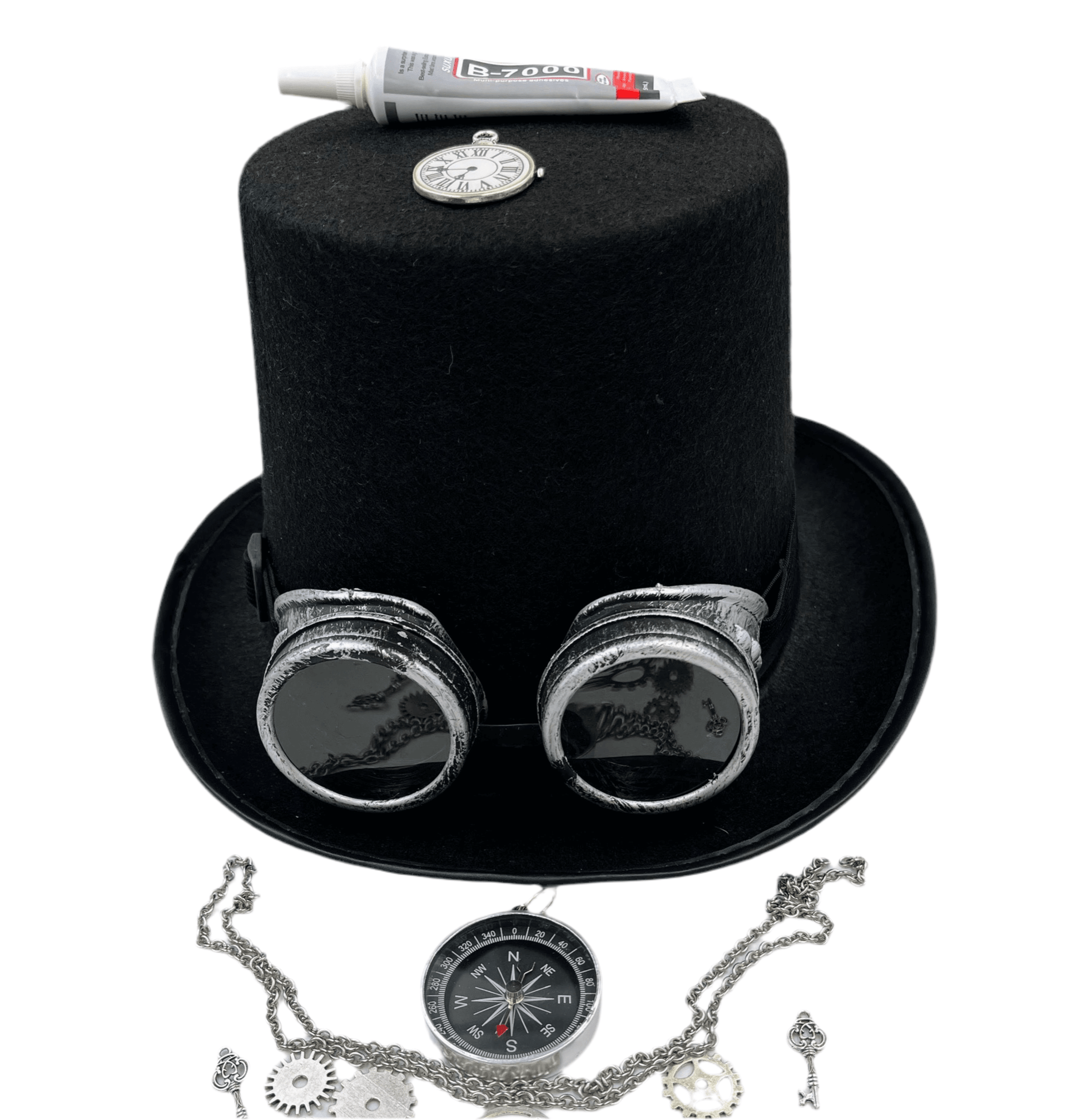 Steampunk Tophat, Compass, Stainless Steel Chain,Goggles,gears Combo DiY Kit, Silver - Steampunkgearsa