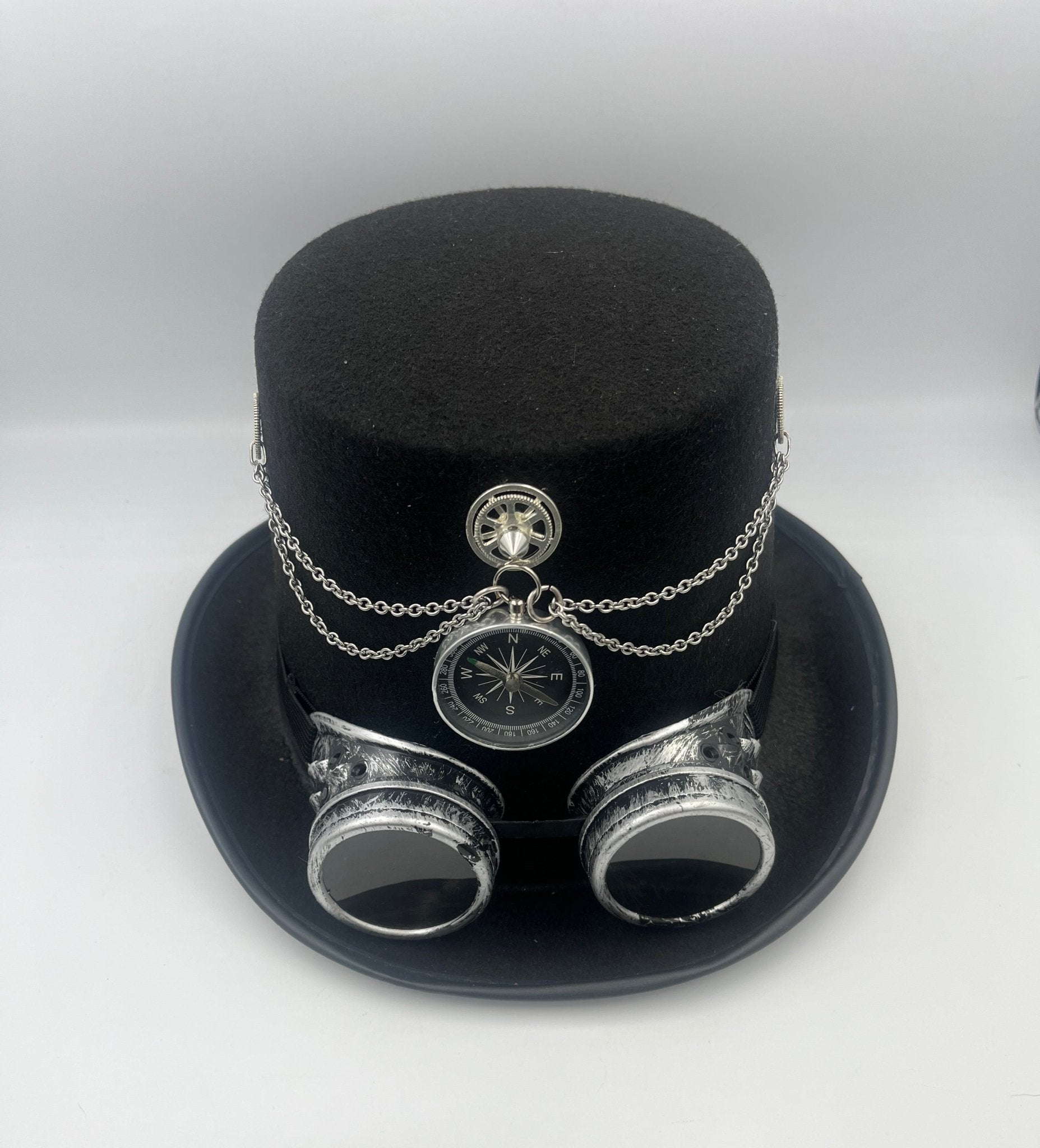 Steampunkgear-Steampunk themed tophat with gears, goggles and chains