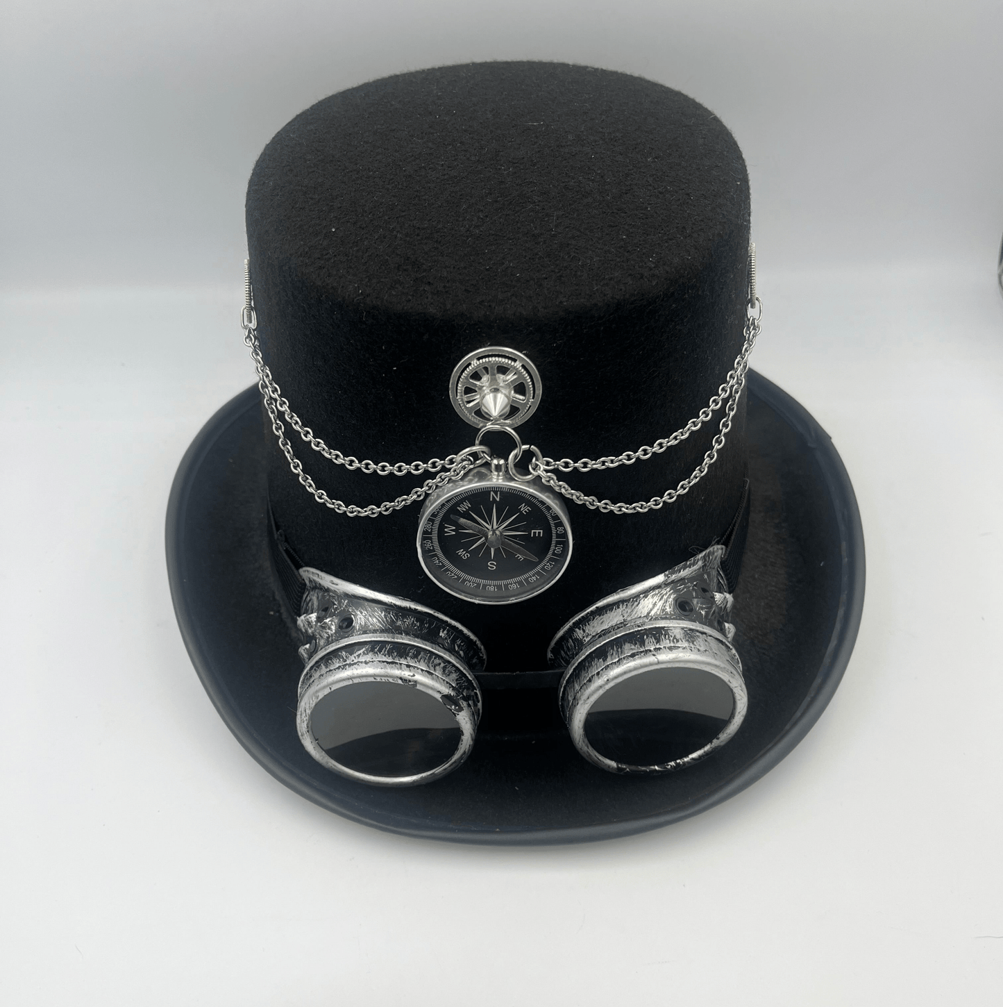 Steampunkgear-black tophat with silver goggles and silver embellishments