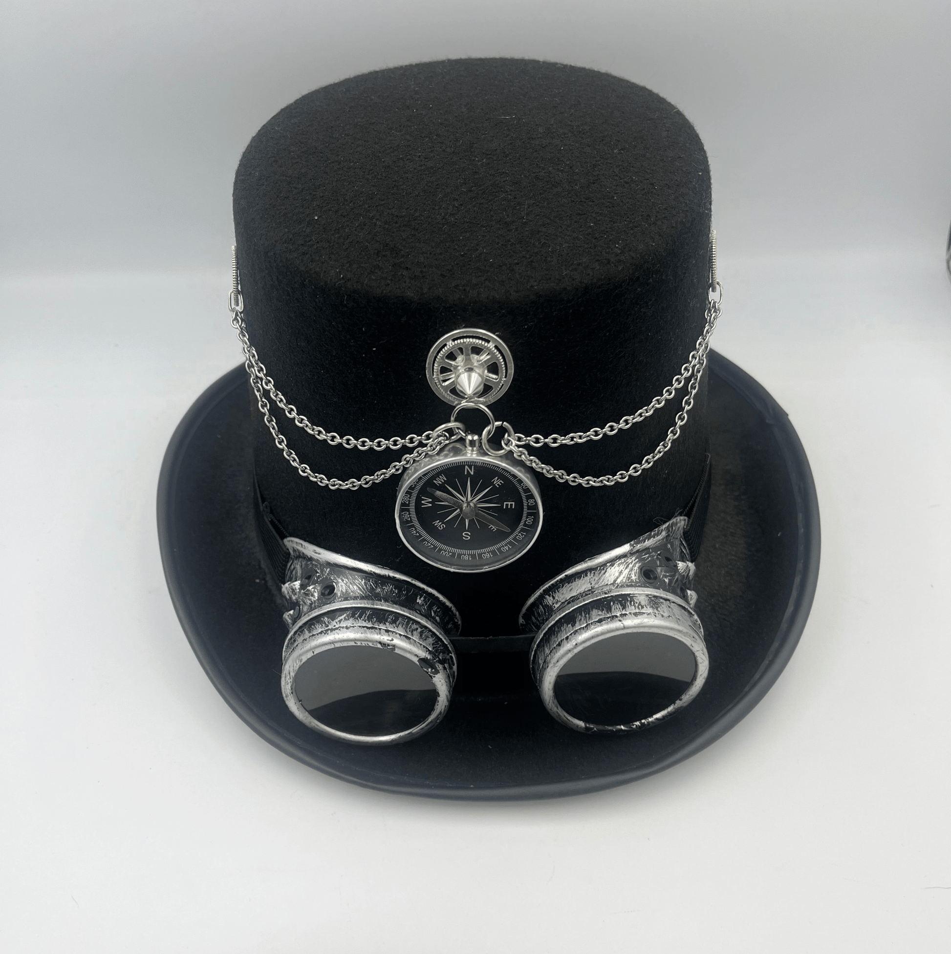 Steampunkgear-black tophat with silver goggles and silver embellishments